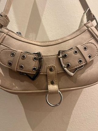 Bolso Diseño Hebillas Hombro Cremallera Beige