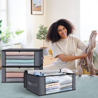 Set 3 Cajas Tela Almacenaje Ventana Gris