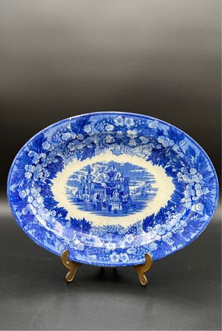 Antico Piatto Ovale Staffordshire Velieri Blu