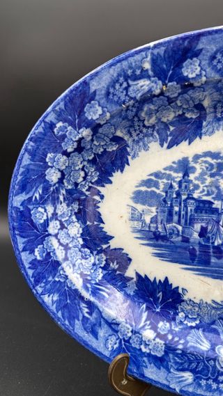 Antico Piatto Ovale Staffordshire Velieri Blu