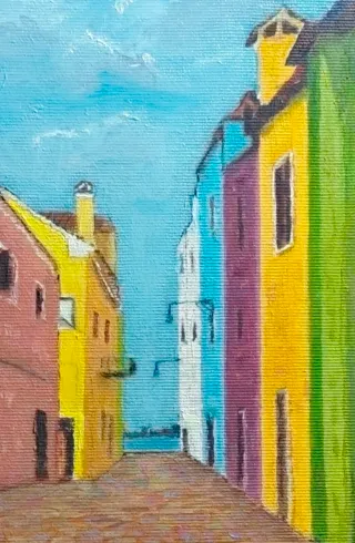 Cuadro al óleo de calle colorida