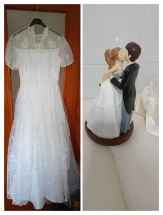Vestido novia antiguo+Figura Tarta+cesta y pañuelo