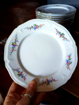 Vajilla de porcelana blanca con borde dorado