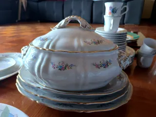 Vajilla de porcelana blanca con borde dorado