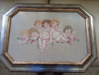 Cuadro Punto Cruz Angelitos Rosas Marco Octogonal