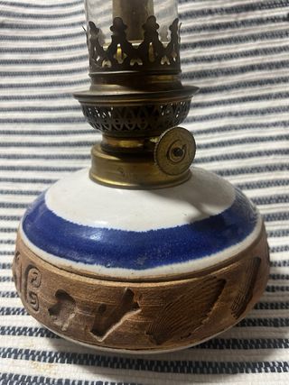 Antigua lampara aceite de cerámica y cobre rustica