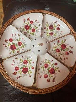 Bandeja porcelana flores rosas filo oro