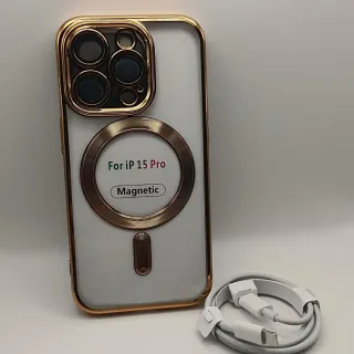 Funda iPhone 15 Pro Mag Dorada + Cable cargador