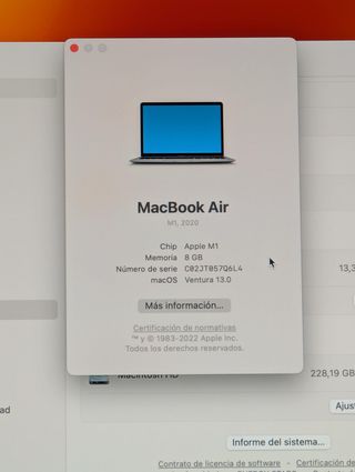 MacBook Air 13 M1 256GB 8GB RAM Batería 95%