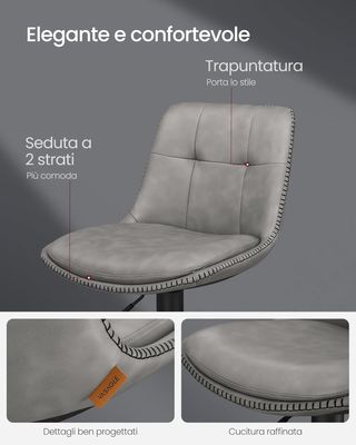 Conjunto De 2 Taburetes De Bar, Sillas De Bar Giratorias Ajustables En Altura, PU Acolchado, Sillas De Cocina Con Respaldo Y Reposapiés, Comedor, Barra, Acero, Gris Tortora LJB095G01