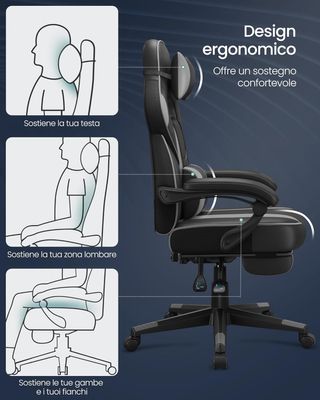 Silla de Oficina, Sillón Racing Ergonómico, Reposapiés Telescópico, Respaldo Inclinable, Reposacabezas y Soporte Lumbar, Capacidad de 150 Kg, Negro Tinta y Gris Tortora OBG073B03