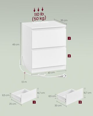 Colección KAILYN - Mesas de Noche con Toma de Corriente, Juego de 2 Mesitas, 2 Cajones, 2 Tomas AC, 2 Puertos USB-A, Sala de Estar Dormitorio, Moderno, Blanco Nube LET821W02