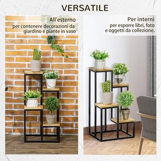 Estante para Plantas de Interior de 4 Niveles, Estante para Flores y Macetas de Metal y Madera de Abeto para Interiores y Exteriores, para Jardín, Balcón y Sala de Estar, 34X34X66Cm, Color Madera