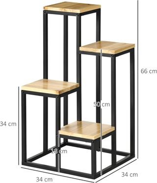 Estante para Plantas de Interior de 4 Niveles, Estante para Flores y Macetas de Metal y Madera de Abeto para Interiores y Exteriores, para Jardín, Balcón y Sala de Estar, 34X34X66Cm, Color Madera