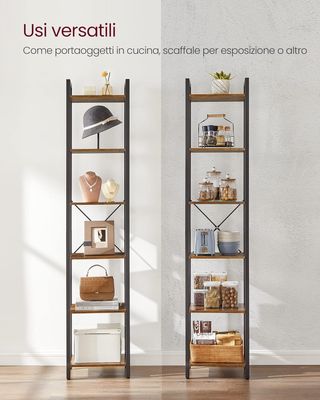 Estantería de 6 Estantes, Librería para Oficina, Estudio, Sala de Estar, Dormitorio, 30 X 40 X 186 Cm, Estilo Industrial, Marrón Vintage y Negro Tinta LLS101B01