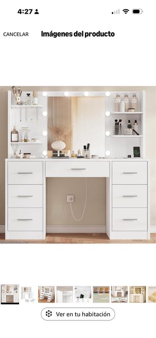 Tocador blanco con espejo y luces