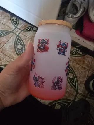 Vaso de cristal Stitch con tapa de bambú