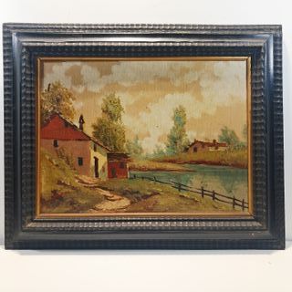 Dipinto olio su tavola paesaggio rurale