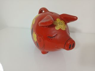 Salvadanaio Maialino Ceramica Rosso Fiori Vintage