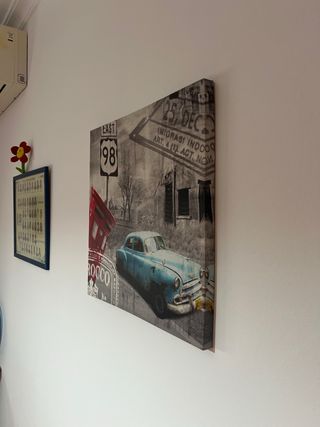 Cuadro Lienzo Vintage Coche Azul y Buzón Rojo