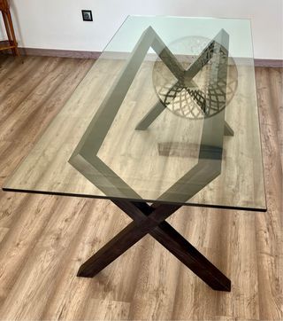 Mesa comedor cristal patas madera