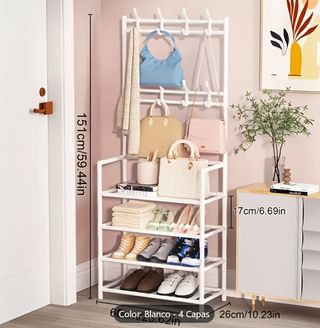Estantería zapatero con perchero - 4 pisos, Blanca