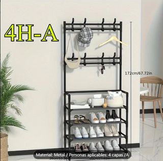 Estantería zapatero con perchero - 4 pisos, Negra