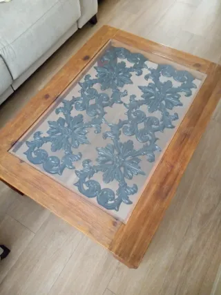 Mesa de centro madera, forja y cristal