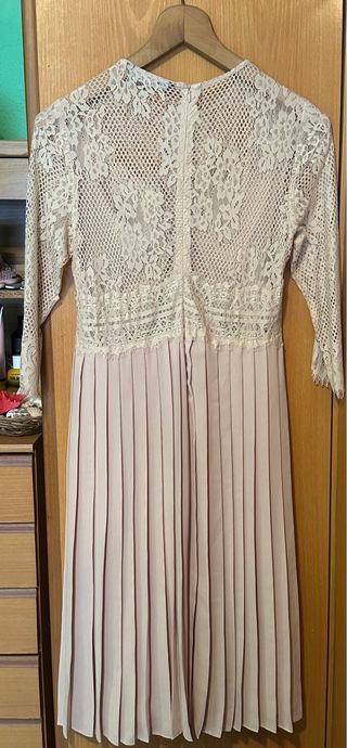 Vestido Zara Beige Talla L Encaje Plisado