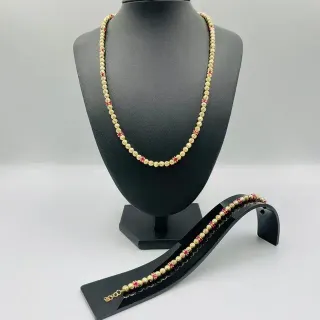 Pulsera Bolas Diamantadas y Piedras Rojas 18K