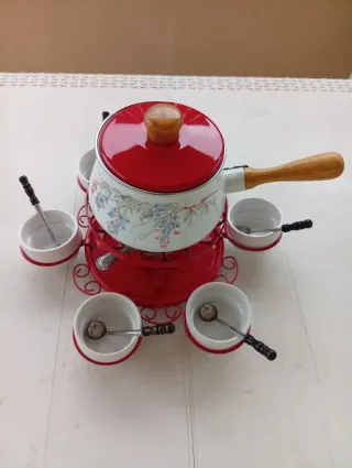 Set Fonduta Vintage Ceramica Metallo Legno