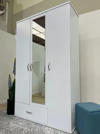 Armario 3 puertas espejo y cajones blanco
