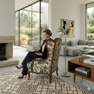 Sillón orejero alto floral madera maciza antiguo