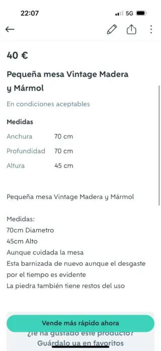 Mesa redonda de madera y mármol vintage