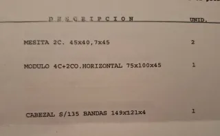 Cabecero, cama (tapi+colchon), cómoda y 2 mesitas