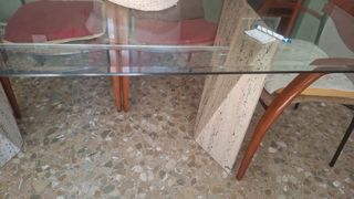 Tavolo in Marmo Travertino e Vetro Smussato