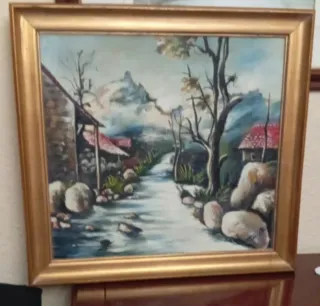 Cuadro Óleo Paisaje Marco Dorado ancho de madera