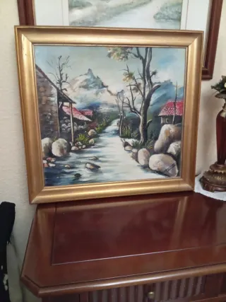 Cuadro Óleo Paisaje Marco Dorado ancho de madera