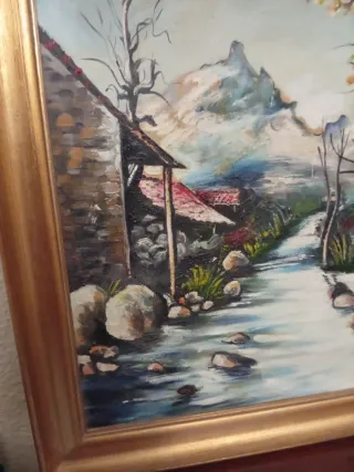 Cuadro Óleo Paisaje Marco Dorado ancho de madera