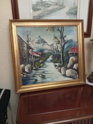 Cuadro Óleo Paisaje Marco Dorado ancho de madera