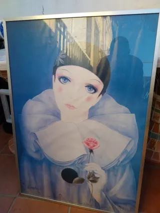 Cuadro antiguo Pierrot con flor rosa