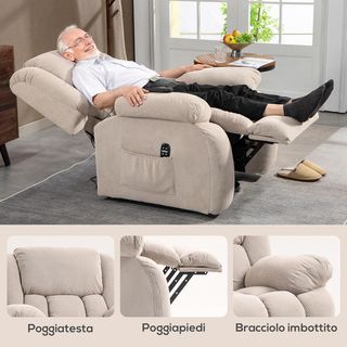 Sillón Eléctrico Elevador Reclinable 150°, Sillón Relax Eléctrico de Tela para Ancianos Con 8 Puntos de Masaje, Calefacción, Puerto USB, Mando a Distancia, Reposapiés, Bolsillos Laterales, Beige
