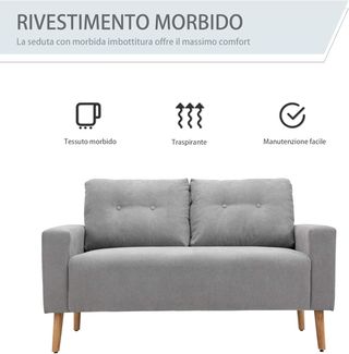 Sofá de 2 Plazas Moderno en Estilo Nórdico con Respaldo Acolchado, en Poliéster y Madera, 145X76X88 Cm, Gris Claro