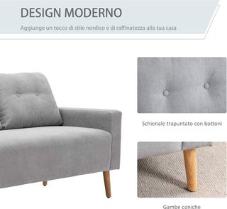 Sofá de 2 Plazas Moderno en Estilo Nórdico con Respaldo Acolchado, en Poliéster y Madera, 145X76X88 Cm, Gris Claro