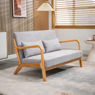 Sofá de 2 Plazas Moderno y Ahorra Espacio en Madera con Cojines, Asiento Acolchado y Tejido Efecto Terciopelo, 122X80X72 Cm, Gris