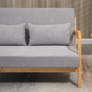 Sofá de 2 Plazas Moderno y Ahorra Espacio en Madera con Cojines, Asiento Acolchado y Tejido Efecto Terciopelo, 122X80X72 Cm, Gris