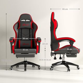 Silla De Gaming Ergonómica En Piel PU Y Acero Con Reposacabezas Y Altura Regulable, Sillón Gaming Con Respaldo Reclinable Y Cojín Lumbar, 65X65X121-129 Cm, Negro Y Rojo