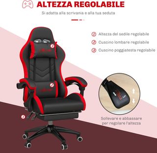 Silla De Gaming Ergonómica En Piel PU Y Acero Con Reposacabezas Y Altura Regulable, Sillón Gaming Con Respaldo Reclinable Y Cojín Lumbar, 65X65X121-129 Cm, Negro Y Rojo