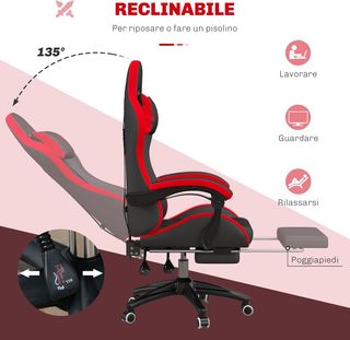 Silla De Gaming Ergonómica En Piel PU Y Acero Con Reposacabezas Y Altura Regulable, Sillón Gaming Con Respaldo Reclinable Y Cojín Lumbar, 65X65X121-129 Cm, Negro Y Rojo