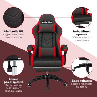 Silla De Gaming Ergonómica En Piel PU Y Acero Con Reposacabezas Y Altura Regulable, Sillón Gaming Con Respaldo Reclinable Y Cojín Lumbar, 65X65X121-129 Cm, Negro Y Rojo
